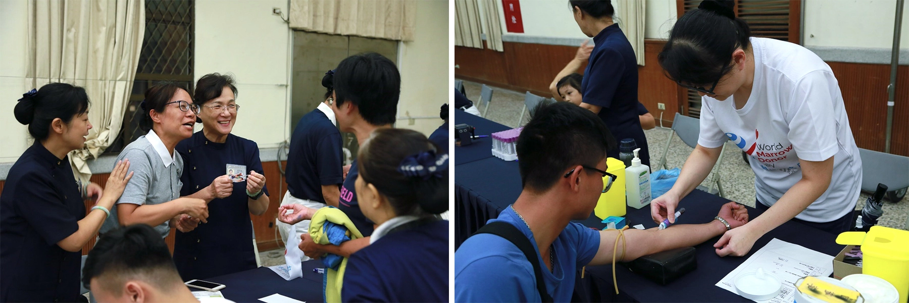 慈濟志工現場說明,同時鼓勵建檔完成的民眾(左圖),經過諮詢和填寫資料完成的民眾,進行10c.c的抽血建檔(右圖)。(圖/陳毅麟)