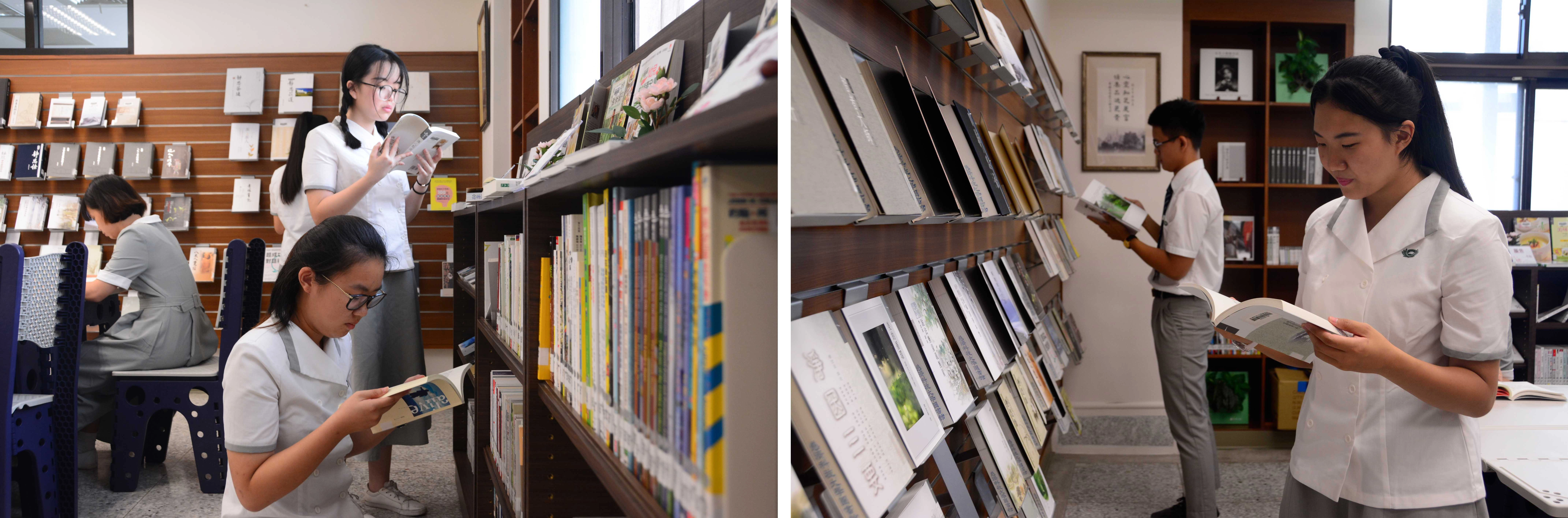 「靜思閱讀書軒」設於圖書館內,擺放500本書籍,開架式書籍陳設,像書店般一目了然,也方便師生借閱。