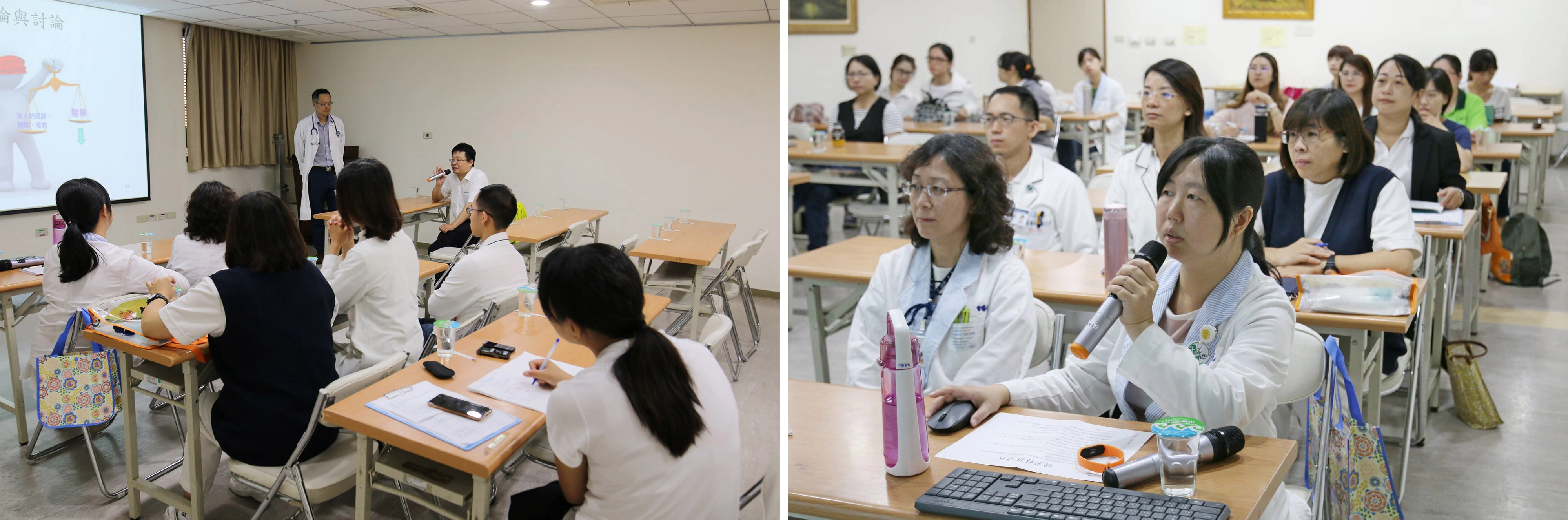 左圖:花蓮慈濟醫院新陳代謝暨內分泌科醫師李哲全(中拿麥克風者)在討論會上回饋門諾醫院提出的困難個案。 右圖:花蓮慈院藥師黃欣怡(後排中)在糖尿病困難討論會上與門諾醫院個管師劉思吟(前右一)交流病人用藥情況。