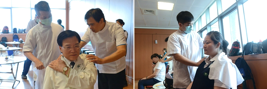 陳新育老師(左圖右)指導盲人重建院結業學員來到台北慈濟醫院實習,提供員工志工按摩服務。