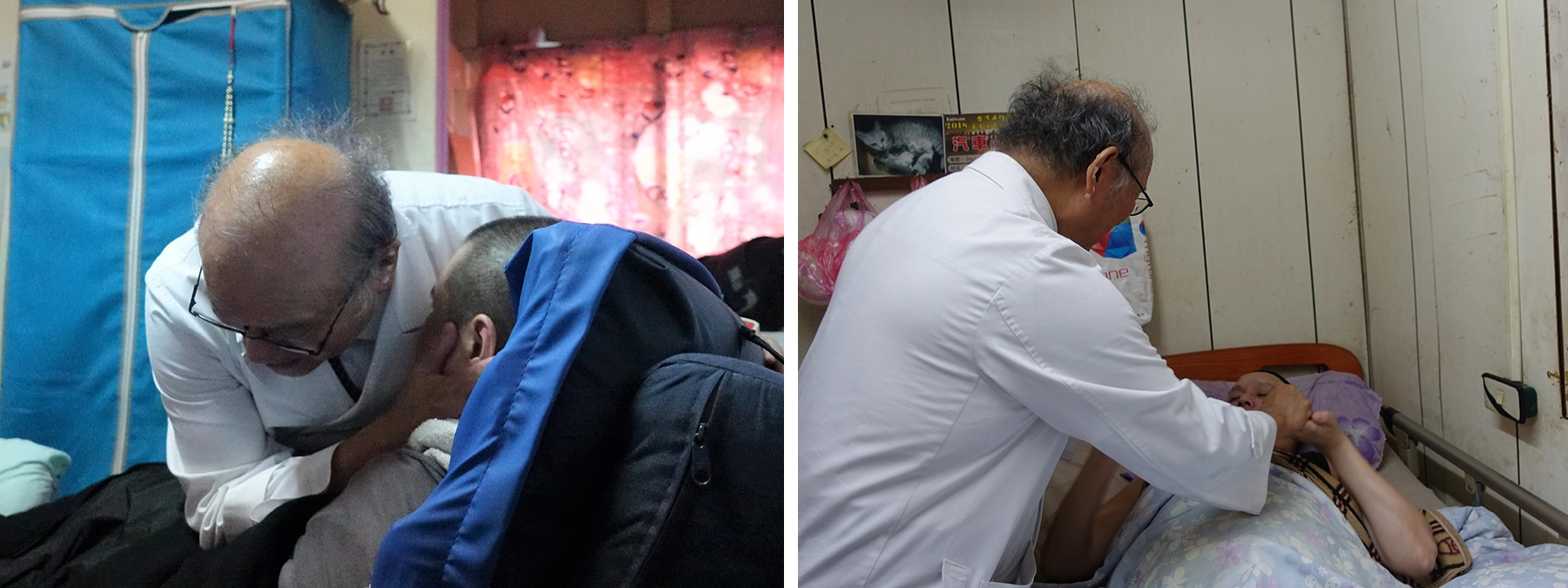 紀邦杰醫師關懷脊髓損傷病人,適時給予鼓勵。關懷頸椎以下無法動的章先生,章先生表示牙痛,紀邦杰醫師為他安排後續看診。(圖為慈濟基金會提供)
