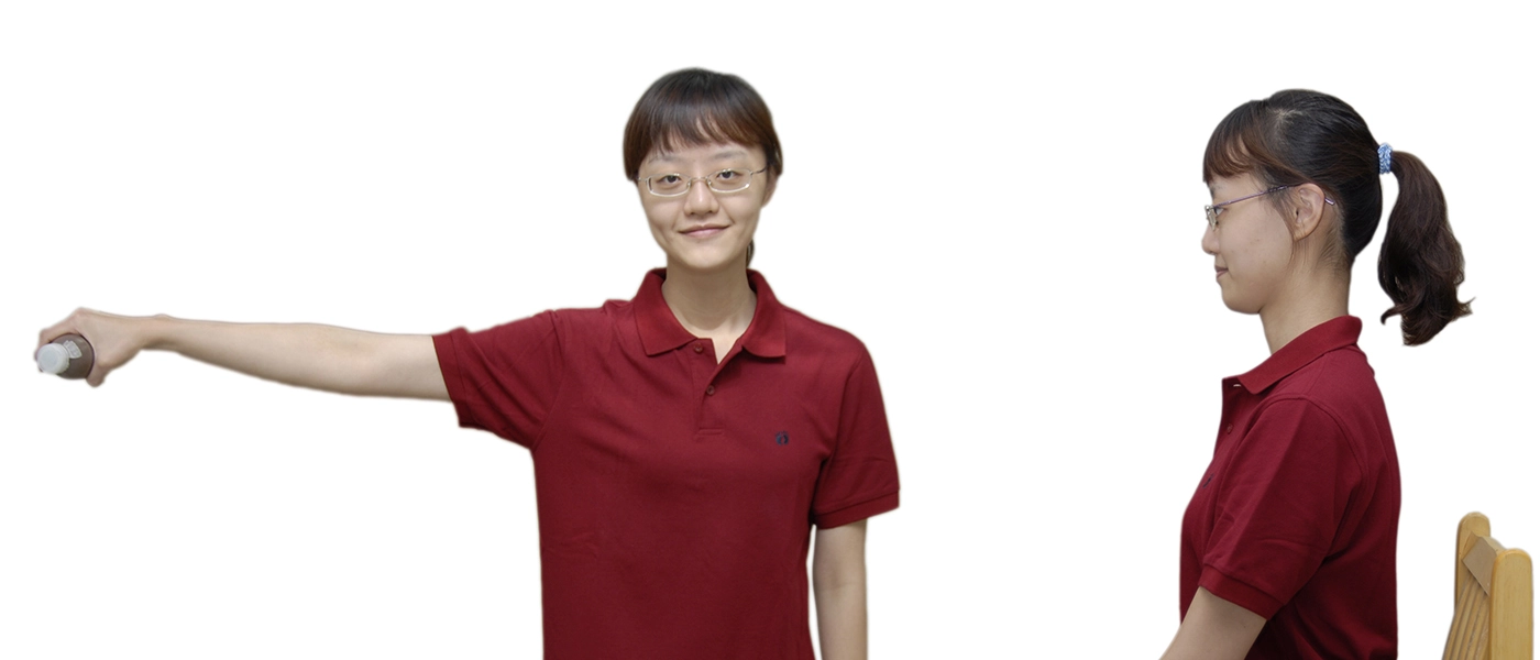 肌力訓練活動:1.手臂側舉、2.下巴往內縮。