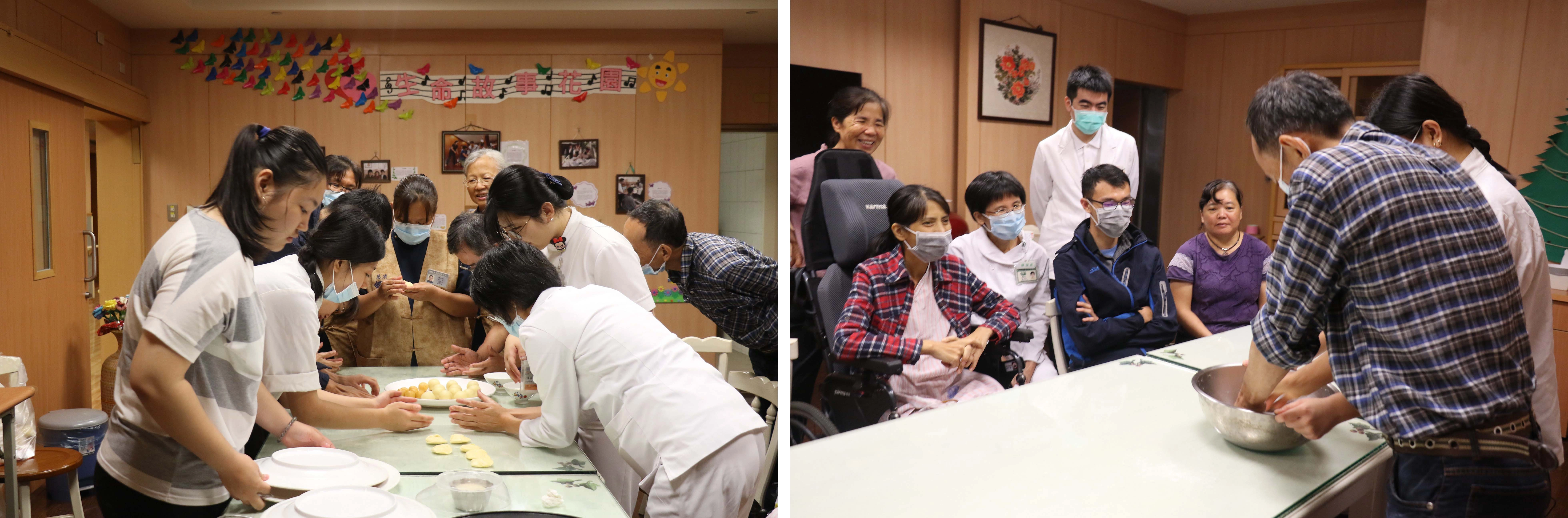 (左圖)心蓮病房安寧團隊跟著小佩學做麵包共同圓夢。(右圖)爸爸加入揉麵行列。