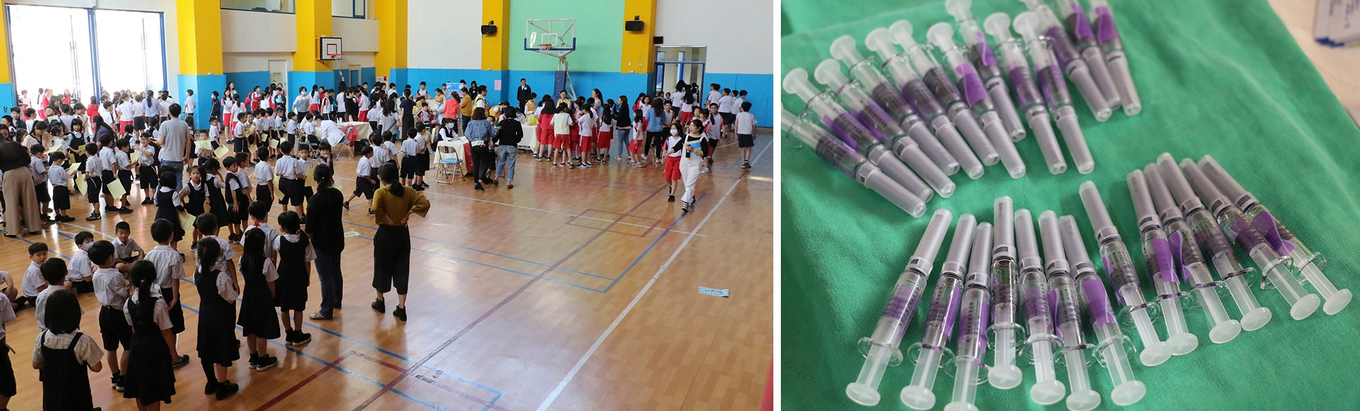 小朋友們聚集在體育館內等待施打疫苗。台中慈院李宇正醫師指出,今年四價疫苗涵蓋兩種A型、兩種B型流感,保護的範圍與效力更廣。