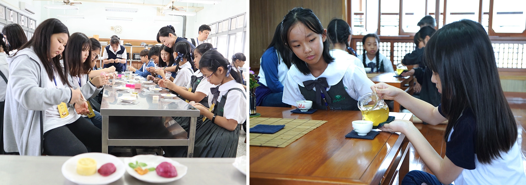 利用五穀粉和火龍果天然色素，製作美味健康的紅龜粿。茶道課不僅可以品嘗靜思茶，更能學習接待客人的禮儀。