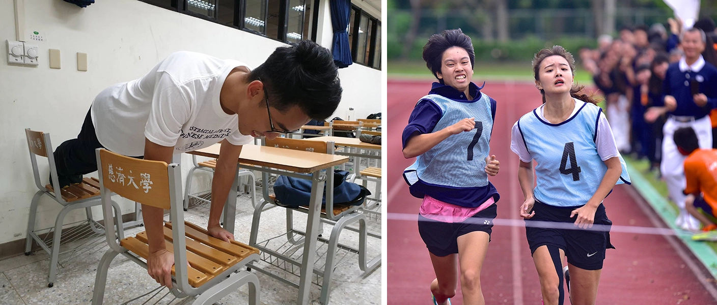 運動場上各項比賽激烈進行中,場下熱身準備也不能少