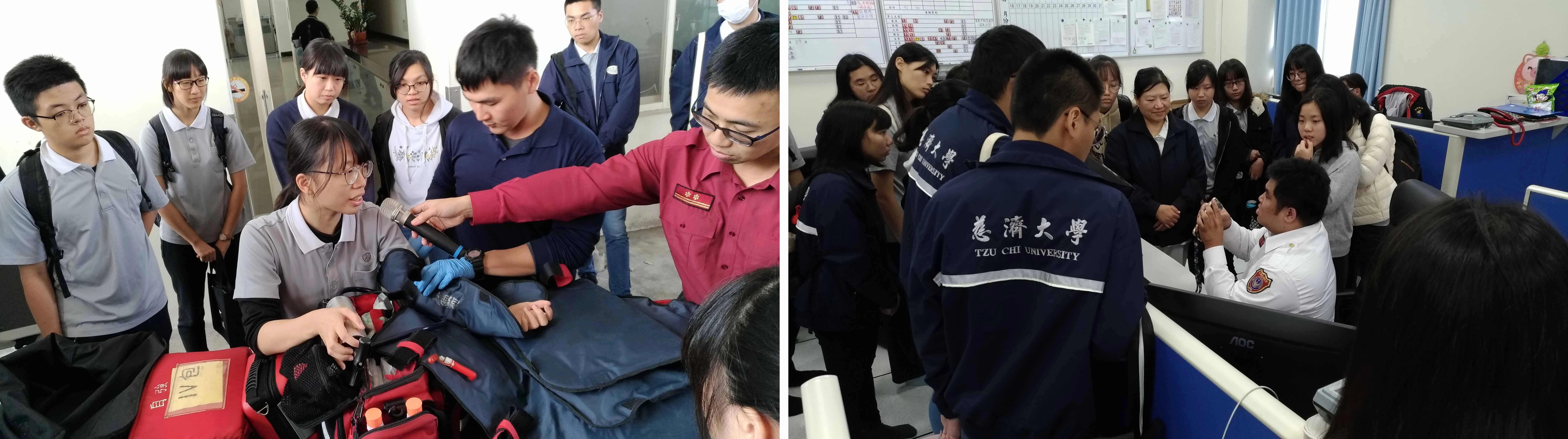 (左圖)同學們一探救護車內部裝備驚呼說:「麻雀雖小,五臟俱全」。(右圖)教官亦鼓勵同學們可利用課餘時間參加消防局的鳳凰志工,從志願參與服務的過程中獲得更多消防與救護的正確觀念。