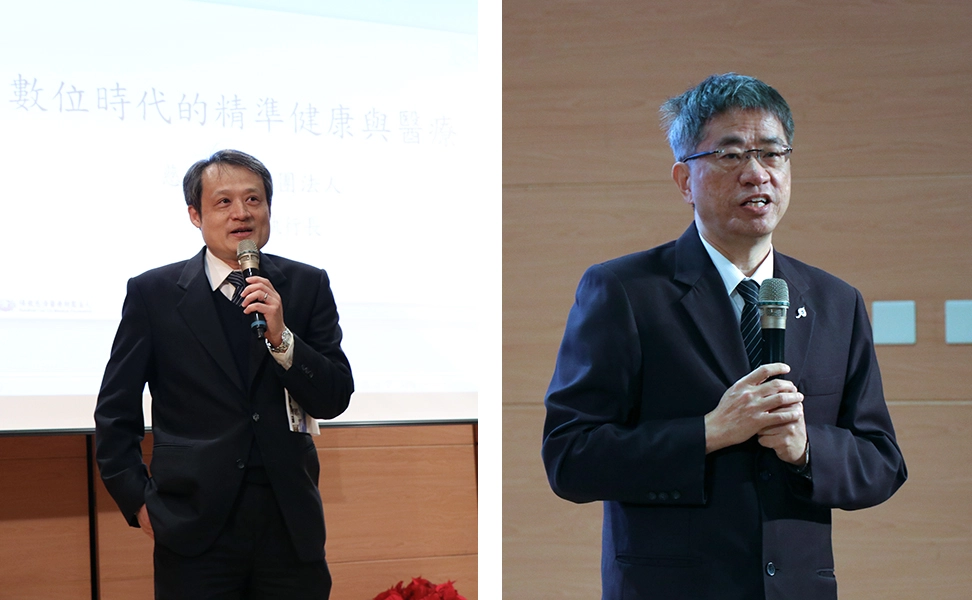 (左)公衛系尹立銘主任表示醫療和資訊的合作是趨勢,很榮幸邀請到台灣這領域專家學者與會分享。(右)慈濟大學醫學院院長陳宗鷹認為,如何利用大數據發現問題,並產生很好的AI應用工具,這是醫師們未來要面對課題,也期待醫療與科技的結合發揮最大效益。