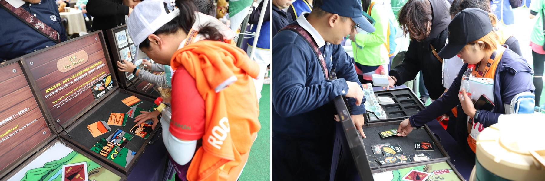 「土石流解密遊戲」，只見桌上擺放一盒一盒咖啡色的盒子，闖關民眾必需先完成第一關才能拿到下一關的通關密碼，吸引不少學童排隊等待闖關，許多家長也陪著孩子一起體驗。