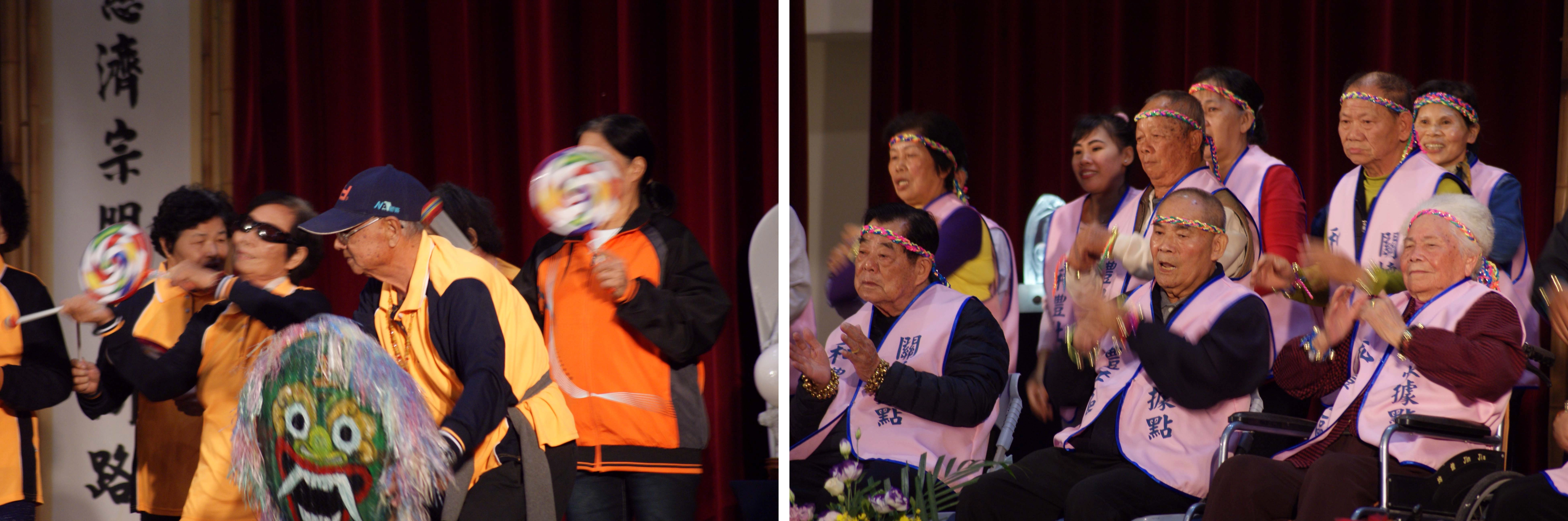 (圖左)歲末祝福一開始由二林鎮、田尾鄉、埤頭鄉的「慈濟社區關懷據點」的長者表演,二林慈濟社區關懷據點長者表演舞龍舞獅。(圖右)埤頭鄉「慈濟社區關懷據點」的長者表演〈我們都是一家人〉手語。