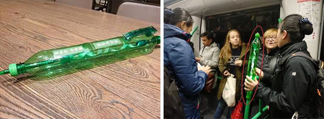 「證嚴上人行腳期間,有一位環保菩薩,利用三支寶特瓶做成一支大筆,可以寫也會發光,恩婷師姊前往馬德里參加氣候變遷大會時,因為要藉題說法、傳法,帶著這支大型環保筆到處走。」