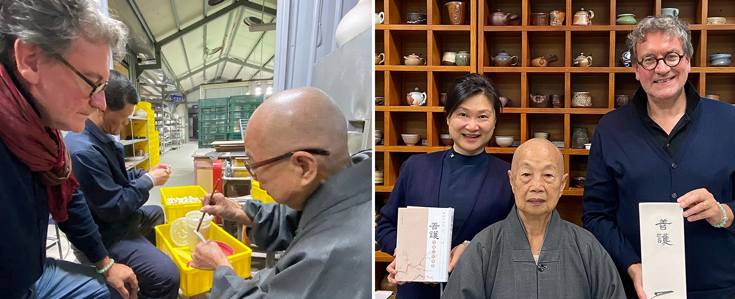 2019年12月中,帕斯卡爾再次來台體驗靜思精舍的生活,圖為在陶藝坊學習。帕斯卡爾將自己製作的「善護」器皿,與靜思精舍德慈法師合影。(提供:尤慧文)