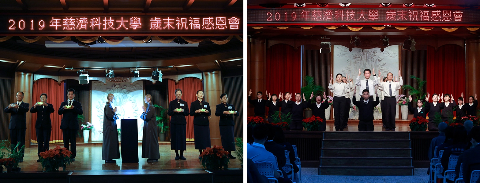 (左圖)精舍師父帶領學生發善心,立善願。(右圖)教職員演繹《無量義經》。