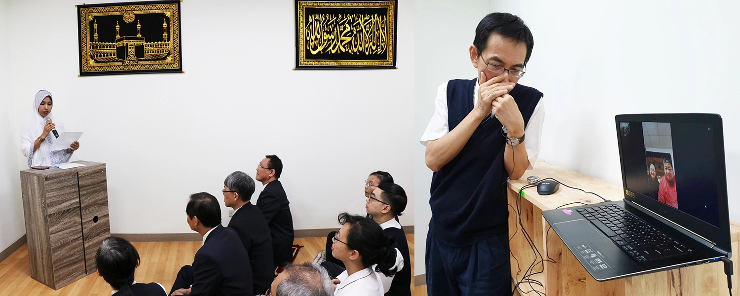 穆斯林Rina同學閱讀《古蘭經》,感恩阿拉祝福,指引他們正確的方向。慈濟志工胡光中夫婦雖然無法親自參與典禮,透過連線感謝慈大照顧穆斯林家人。