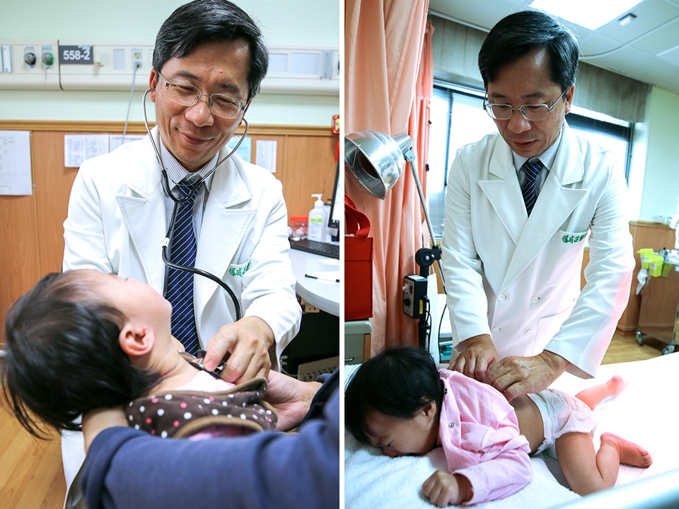 在花蓮慈濟醫院中醫兒科主任楊成湛為腦麻病童看診治療,楊醫師為欣欣進行中醫捏脊按摩,放鬆肌肉張力,增加運動能力。