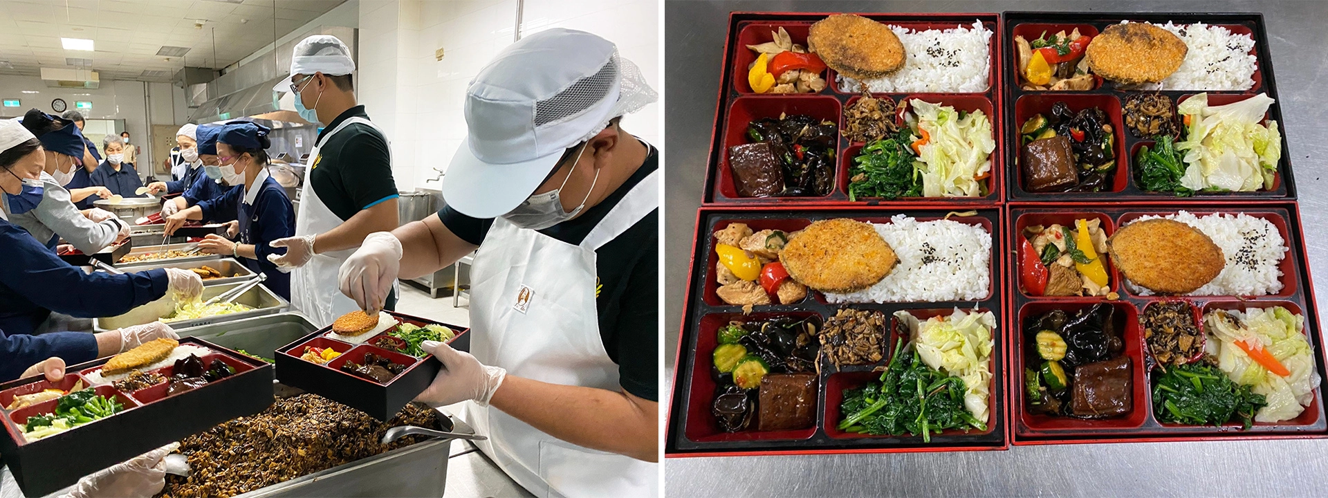 由慈濟志工指導,海巡食勤官兵製作的180個不輸五星級餐廳蔬食餐盒,用心擺滿的。<