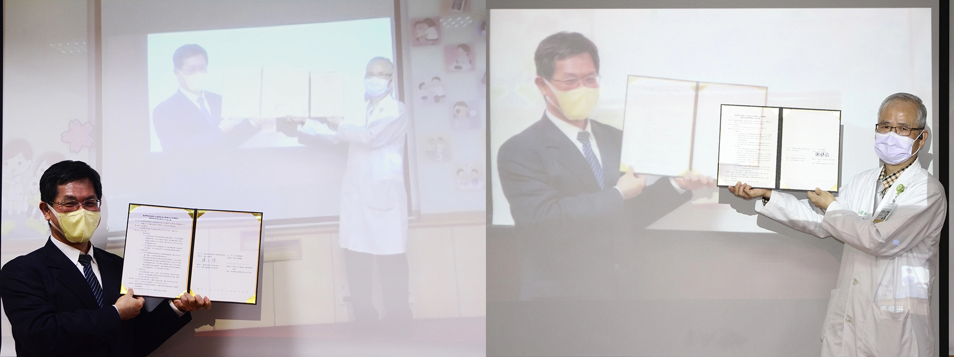 慈濟科技大學(左)與竹山秀傳醫院(右)採同步「視訊」簽約。