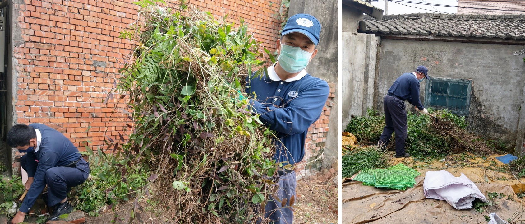 蕭先生家後院的塑膠帆布上,長出一棵棵雜草;裸露的泥地上,也長出一株株的植物或藤蔓,都必須加以清除。林泰裕號召男眾志工一起前來幫忙整理蕭先生家後院,他說:「疫情之中幫忙他把環境打掃乾淨,住起來也比較舒適。」
