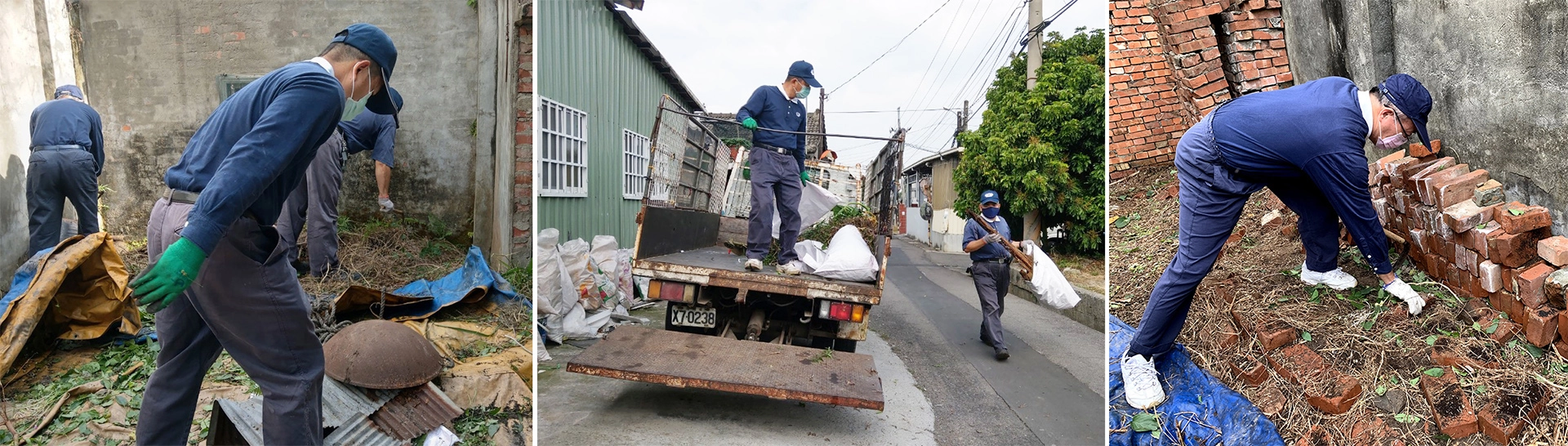 志工將雜草、藤蔓清理乾淨,重新整平帆布,再合力把原本散落的磚塊集中疊放整齊,整個空間頓時明亮起來。再開來環保車,將清理出來的雜草和雜物運走。