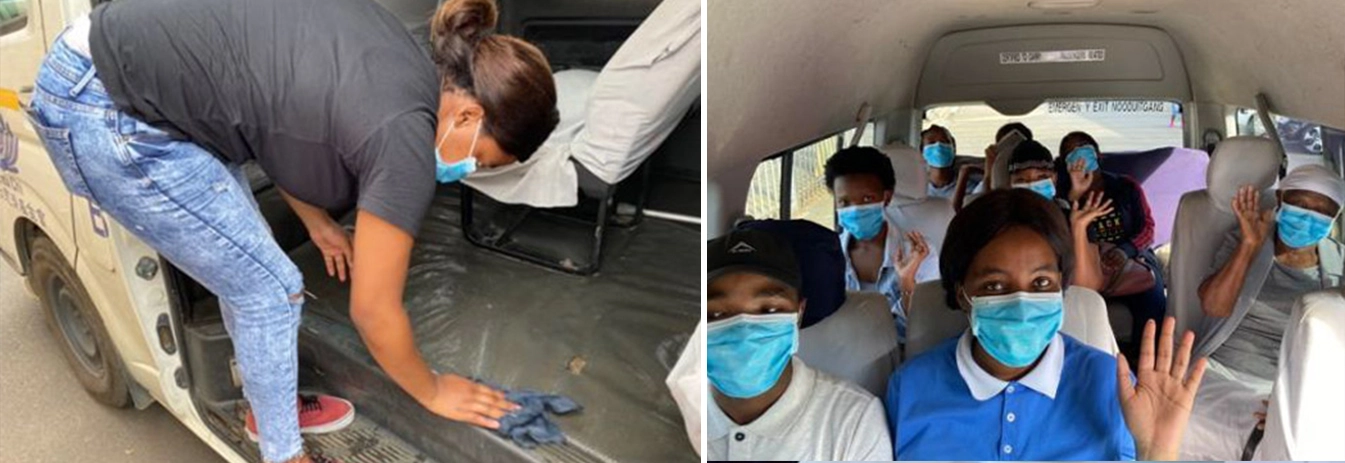 慈濟車每日用消毒水擦拭內部,志工搭乘時全程戴口罩。