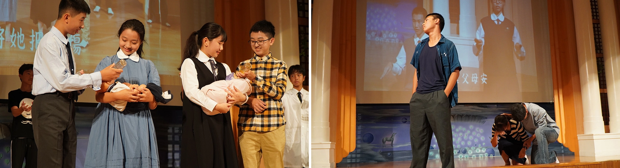 左圖:國二學生詮釋父母懷胎生子的辛勞。右圖:學生們揣摩叛逆孩子和憂心的父母,非常入戲。