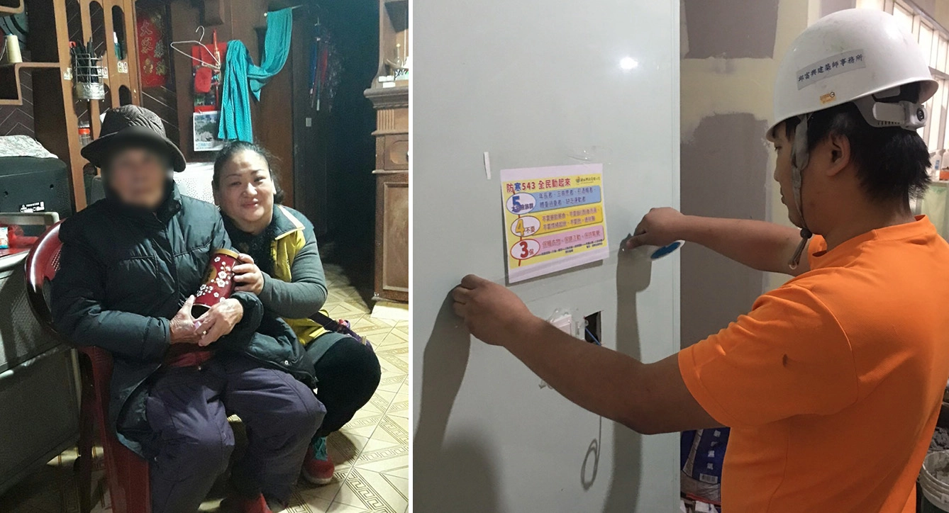 左圖:社工訪視獨居長者健康狀況並提供食品等物資。右圖:戶外作業單位業者提供室內休息區宣導勞工朋友做好保暖措施。