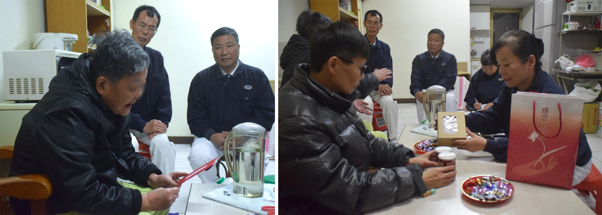 彰化市慈濟志工前往訪視暨發放物資卡。鄭媽媽仔細看著物資卡紅包,志工梁淑惠(右)向鄭小姐說明物資內容。