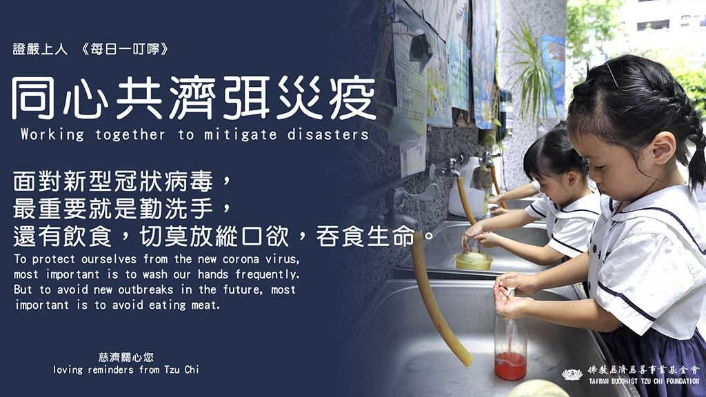 「面對新型冠狀病毒,最重要就是勤洗手,還有飲食,切莫放縱口欲,吞食生命。(To protect ourselves from the new corona virus, most important is to wash our hands frequently. But to avoid new outbreaks in the future, most important is to avoid eating meat)」 「面對勇於投入第一線的醫護人員,人人都應從心生起敬佩與讚歎,感恩他們用心防堵這波無形病毒的擴散。愛的行動─不要恐懼,要打從心理互愛,彼此幫助,共同度過突來的疫情。」 透過中、英、西.......等文字,慈濟基金會關心新型冠狀病毒防疫問題,除啟動全球防疫機制外,還有每日提供「證嚴上人《每日一叮嚀》」進行各種防疫、齋戒勸素與感恩等開示內容宣導。