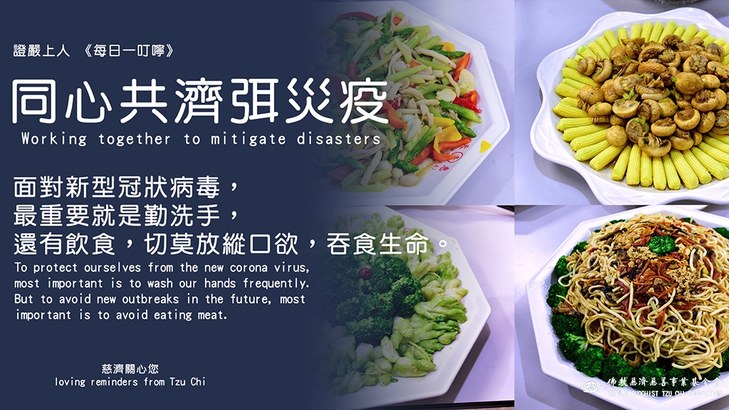 「面對新型冠狀病毒,最重要就是勤洗手,還有飲食,切莫放縱口欲,吞食生命。(To protect ourselves from the new corona virus, most important is to wash our hands frequently. But to avoid new outbreaks in the future, most important is to avoid eating meat)」 「面對勇於投入第一線的醫護人員,人人都應從心生起敬佩與讚歎,感恩他們用心防堵這波無形病毒的擴散。愛的行動─不要恐懼,要打從心理互愛,彼此幫助,共同度過突來的疫情。」 透過中、英、西.......等文字,慈濟基金會關心新型冠狀病毒防疫問題,除啟動全球防疫機制外,還有每日提供「證嚴上人《每日一叮嚀》」進行各種防疫、齋戒勸素與感恩等開示內容宣導。
