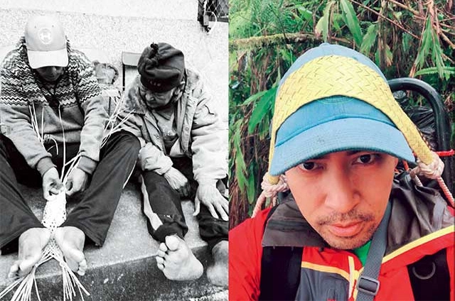 作者與黃泰山學習藤編頭帶。頭帶使用的位置其實不在前額處,而是頭頂前三分之一靠近前額處。