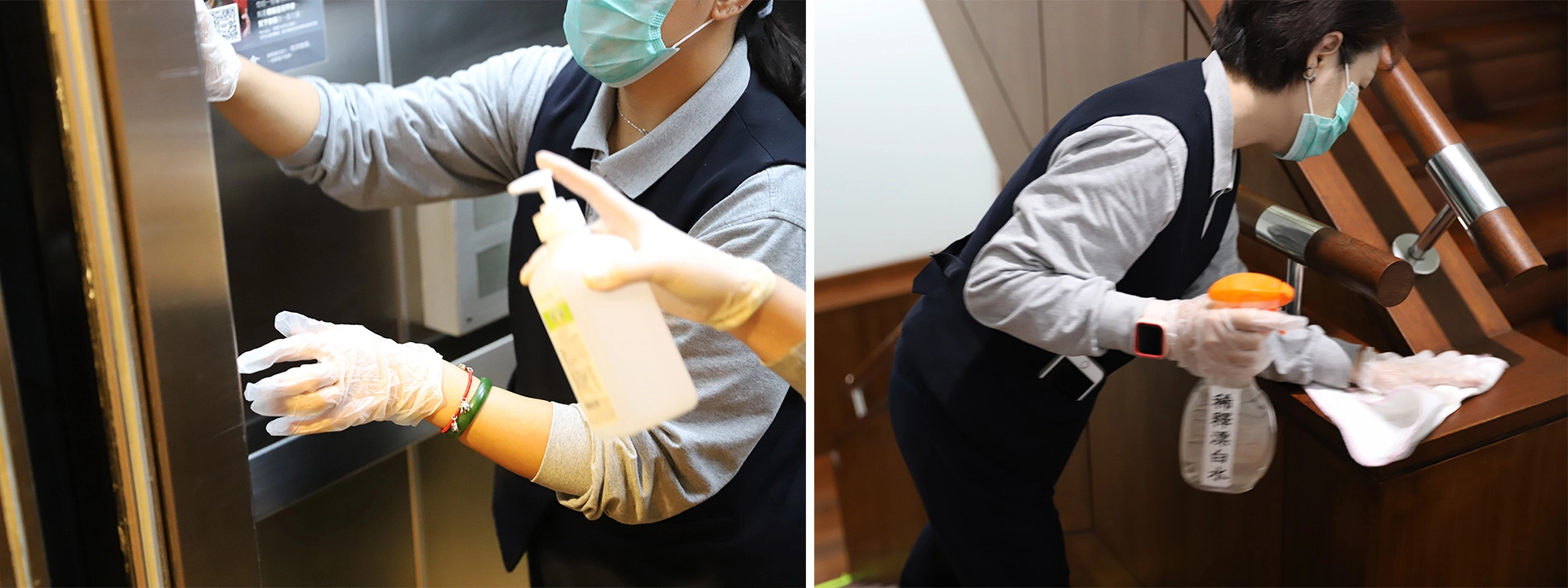 花蓮靜思堂消毒工作由原本每週1次,增加至每週進行2次,全區使用漂白水1:100,出動總務組同仁進行各區地板、樓梯、扶手、以及電梯擦拭工作。