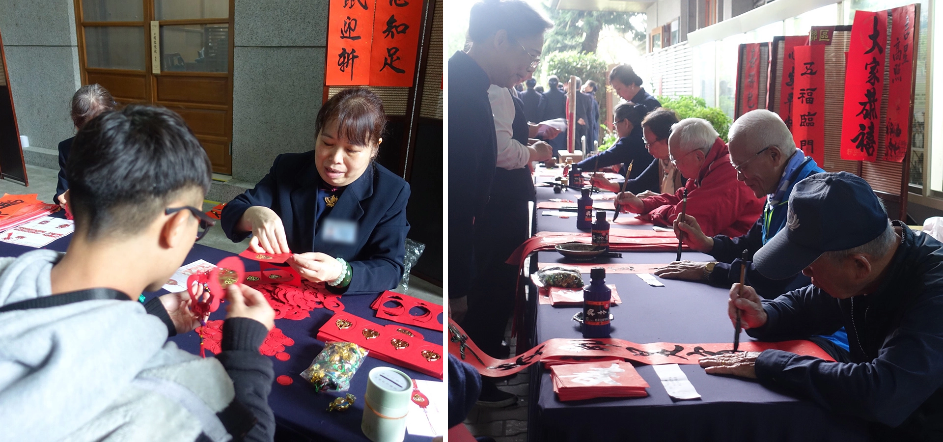 1月17日發放日一早,靜思精舍就充滿濃濃年味,許多人在春聯區排隊等著拿春聯。慈濟志工設攤,圖為平安吉祥福慧燈DIY。