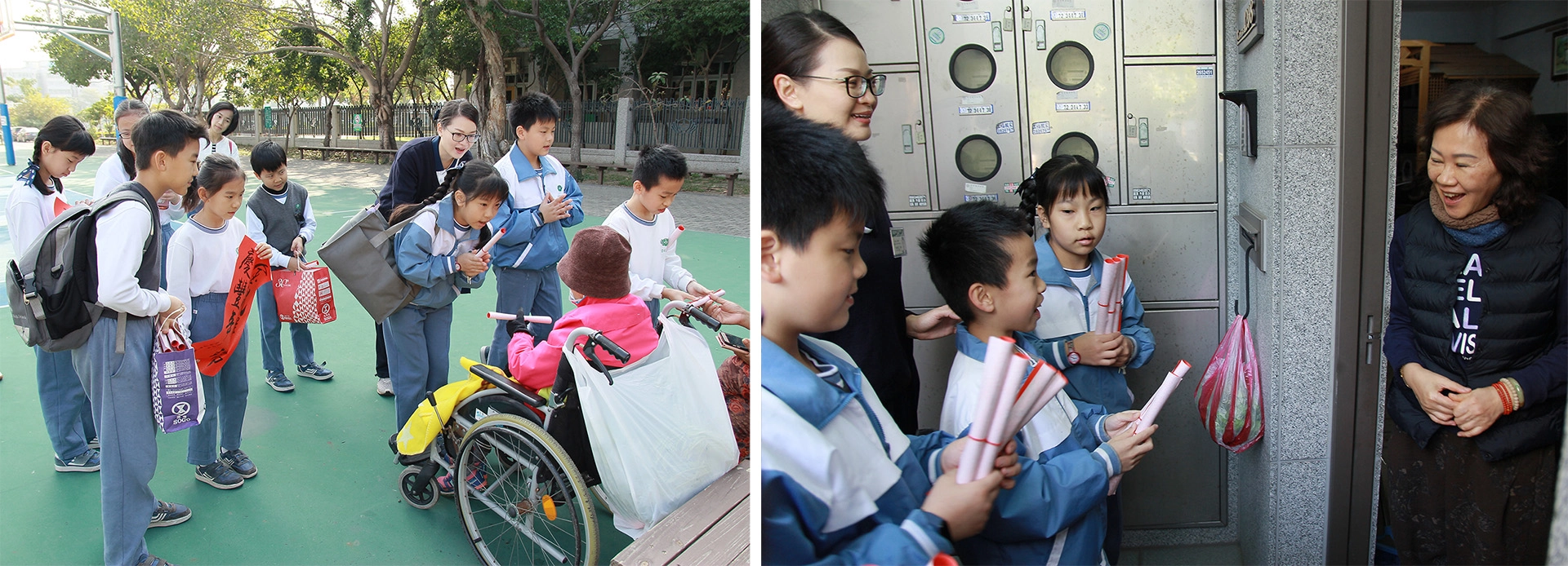 孩子們特別用臺語來問候與祝福公園的阿公、阿嬤。孩子們熱情的問候，拉近鄰里間人與人的距離。
