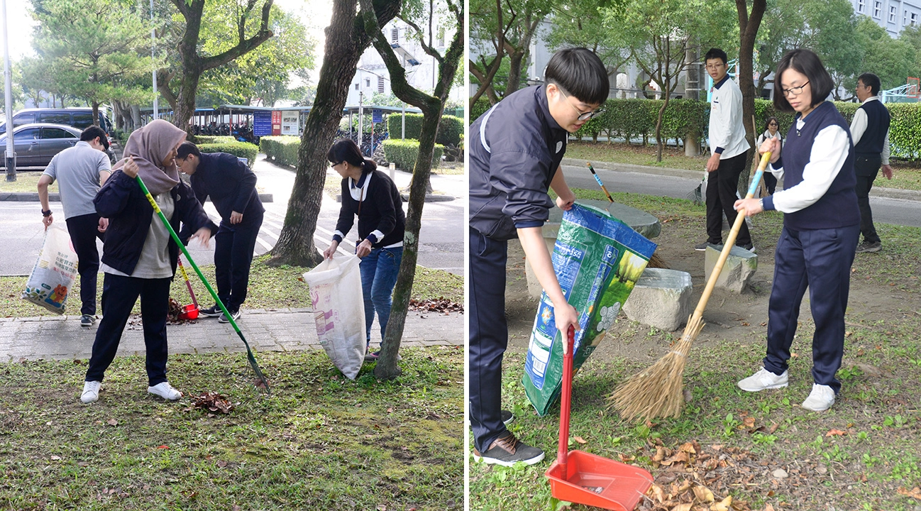 慈濟科技大學趕在放年假前一天,展開校園大掃除。不少留校的印尼外籍生主動加入打掃的行列。