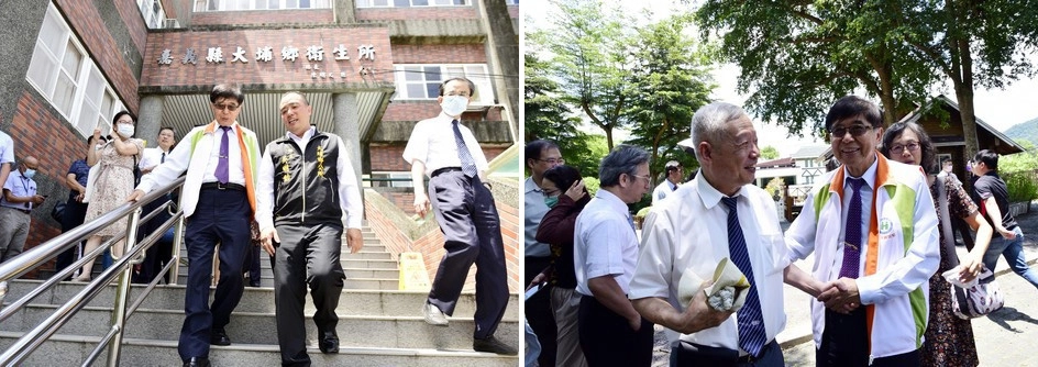 左圖說:健保李署長、大埔鄉長、醫療團隊一起前往會議場地。 右圖說:健保署長感謝林醫師在大埔的貢獻。