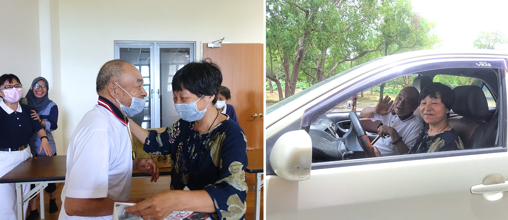 鄧女士(右)說她的父親(左)來到慈濟苗栗園區後,本來無法自行走路,如今行動越來越方便她很感謝志工的付出。