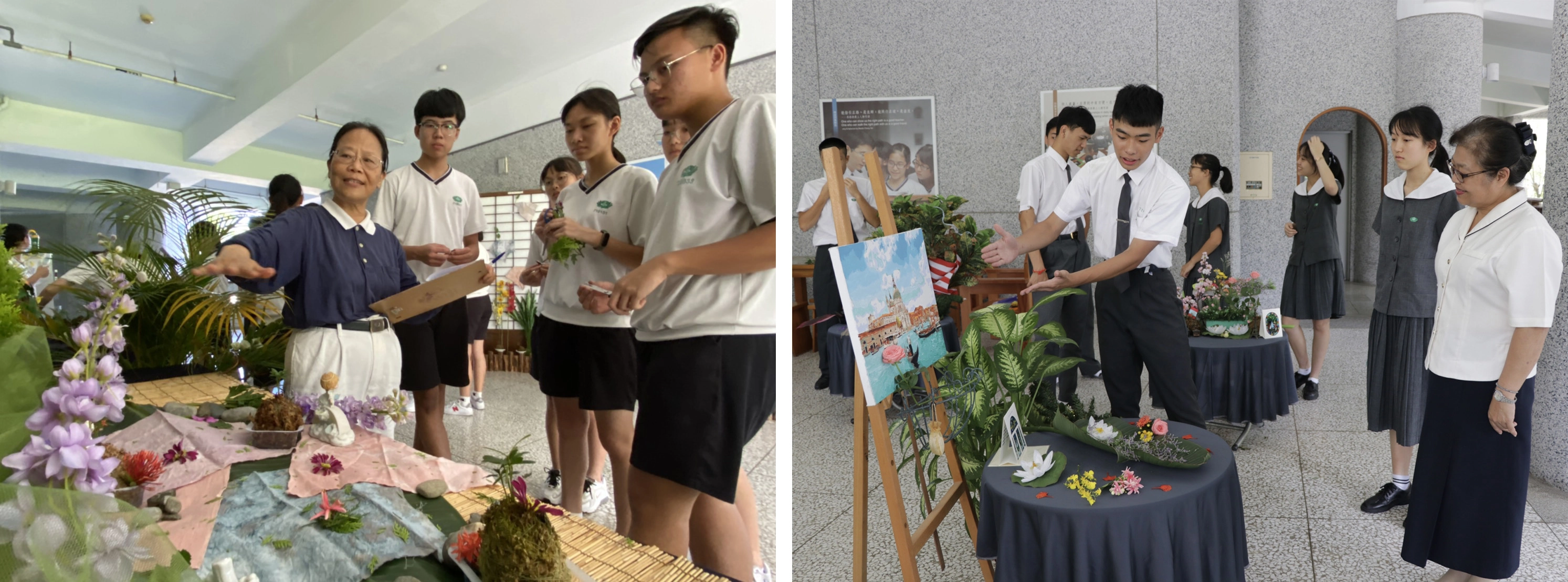 而高二「花開有時」課程則是以靜思花道為基礎,引導學生認識生活裡的植物,透過數學、文學、生物、家政等課程,以製作植物染、植物標本、花材入食等烘焙課程,從課程中培育學生藝術涵養與美感素養。