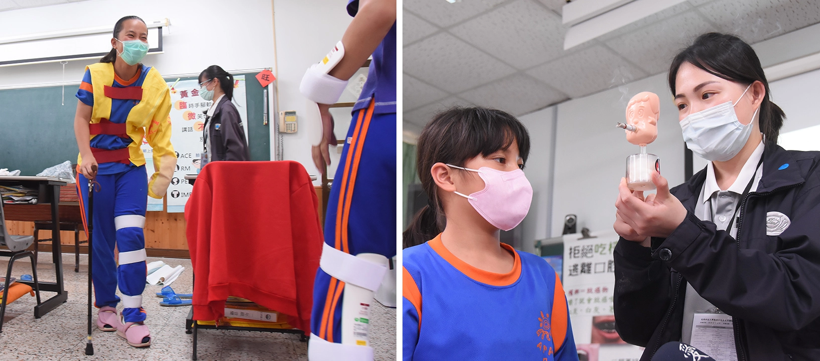左圖穿上中風體驗輔具,難以行走。右圖利用教具示範菸害對人體的影響。