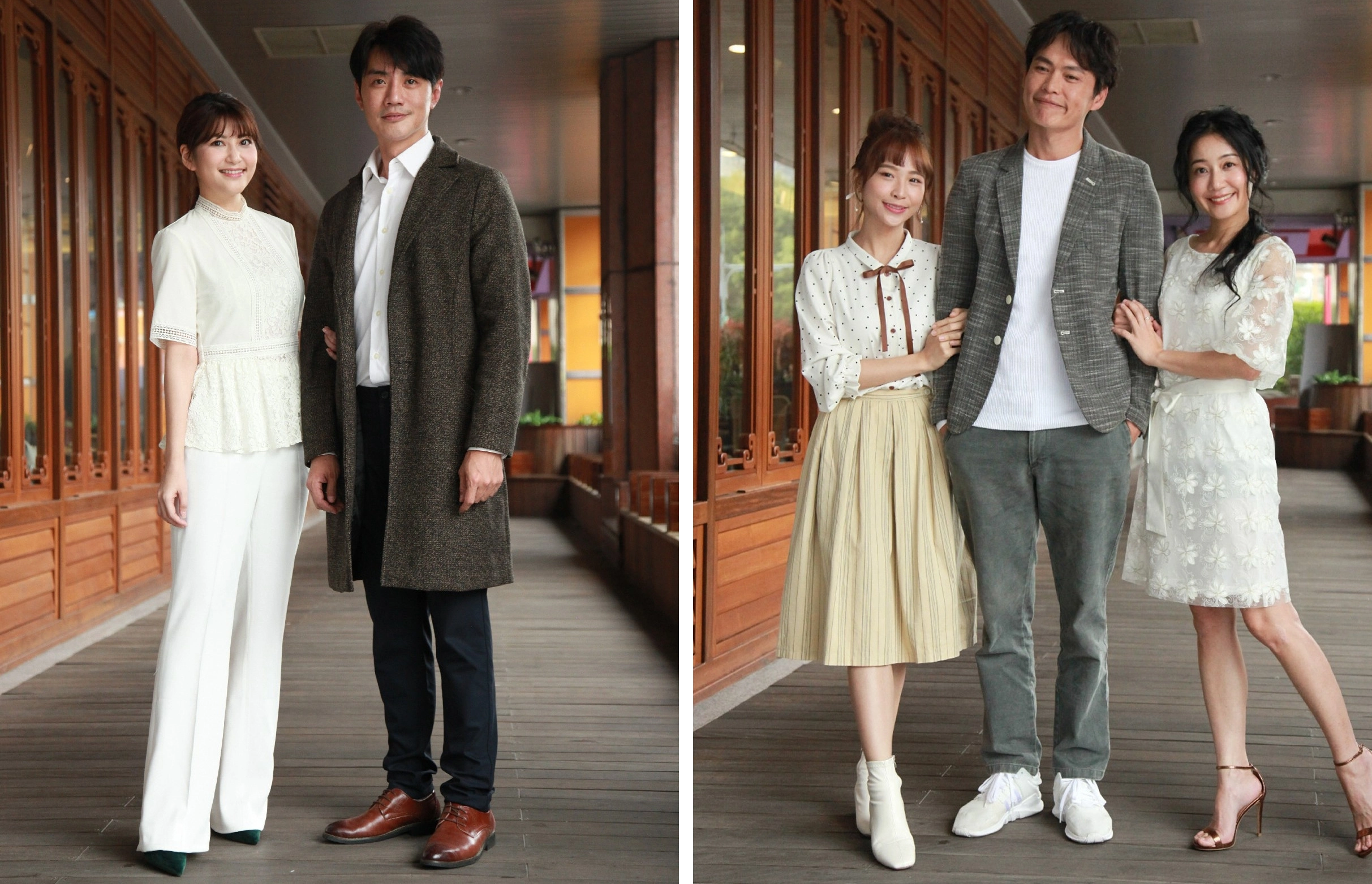 (圖左)方大緯與樓心潼在大愛劇場「人生算什麼」中飾演夫妻。(圖右)黃鐙輝與飾演童養媳的黃心歆與飾演再娶太太角色的陳婉婷 。