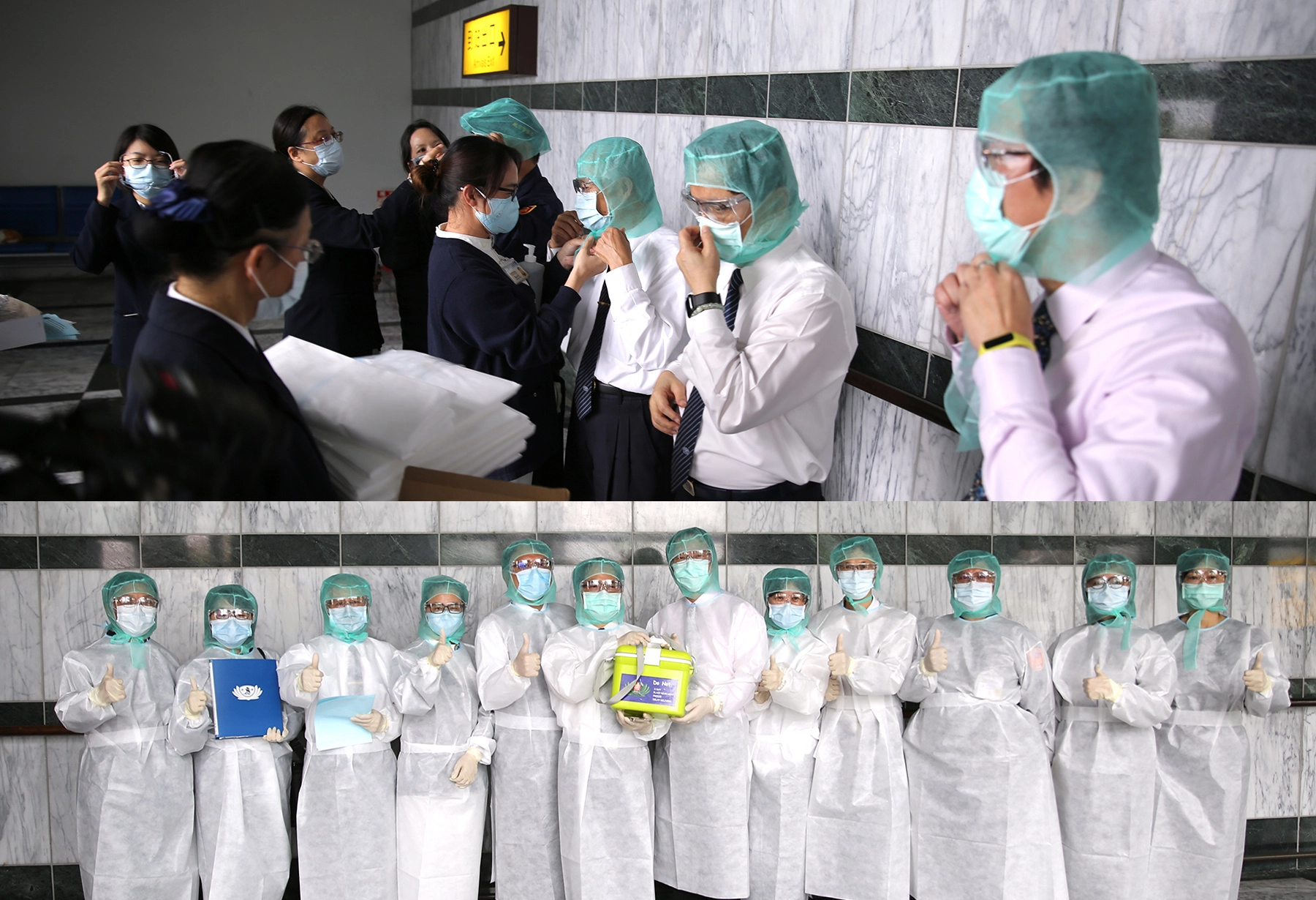 為符合防疫社交距離(social distancing)與防疫規範,林欣榮院長與朱家祥局長穿上防護衣,第一次接受包機取髓,在高規格的防疫下,以遠距方式交接。