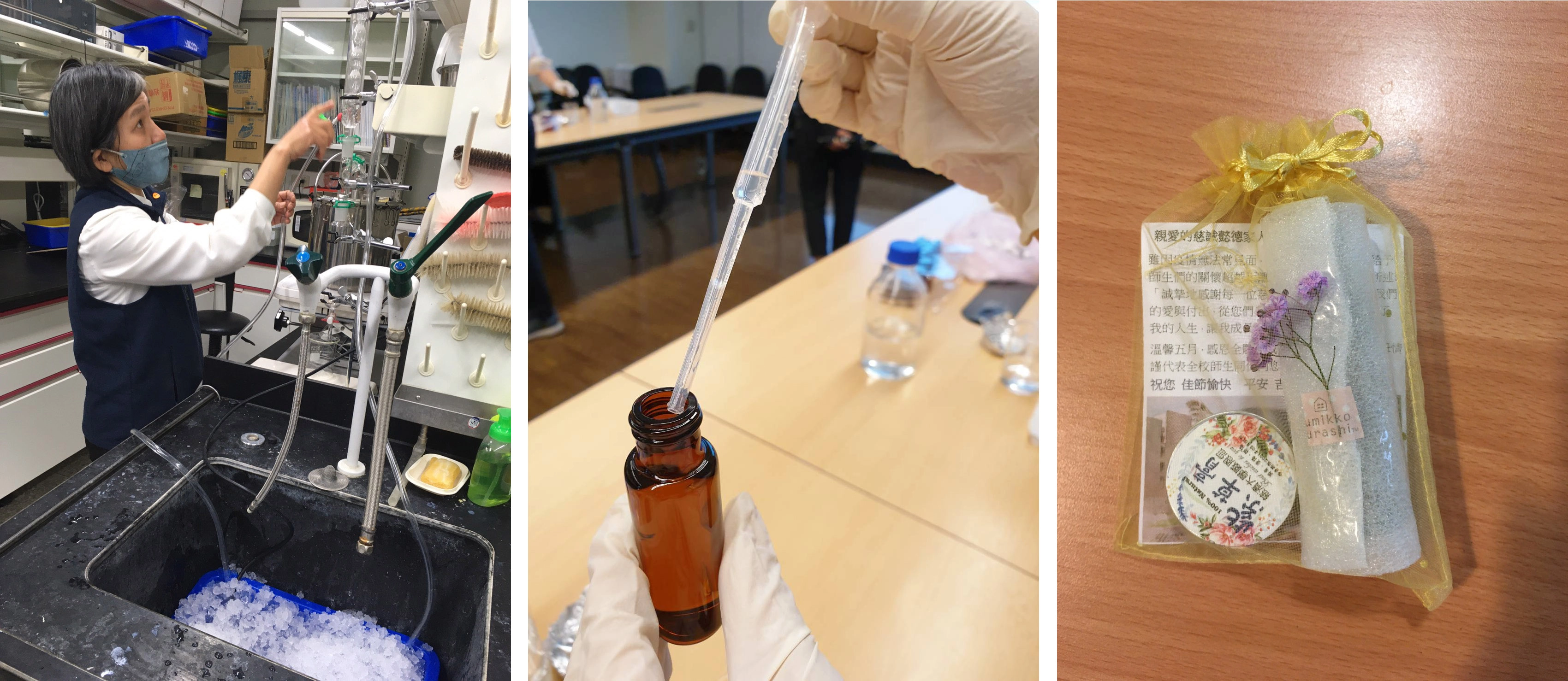 生命科學系鄭靜明老DIY蒸餾設備,利用2個星期蒸餾萃取薰衣草和玫瑰純露,鄭老師表示蒸餾就像教育一樣都需要時間等待,感恩慈誠爸媽陪伴學生,用薰衣草和玫瑰溫暖的芬芳謝謝他們。 (圖/慈濟大學人文處)