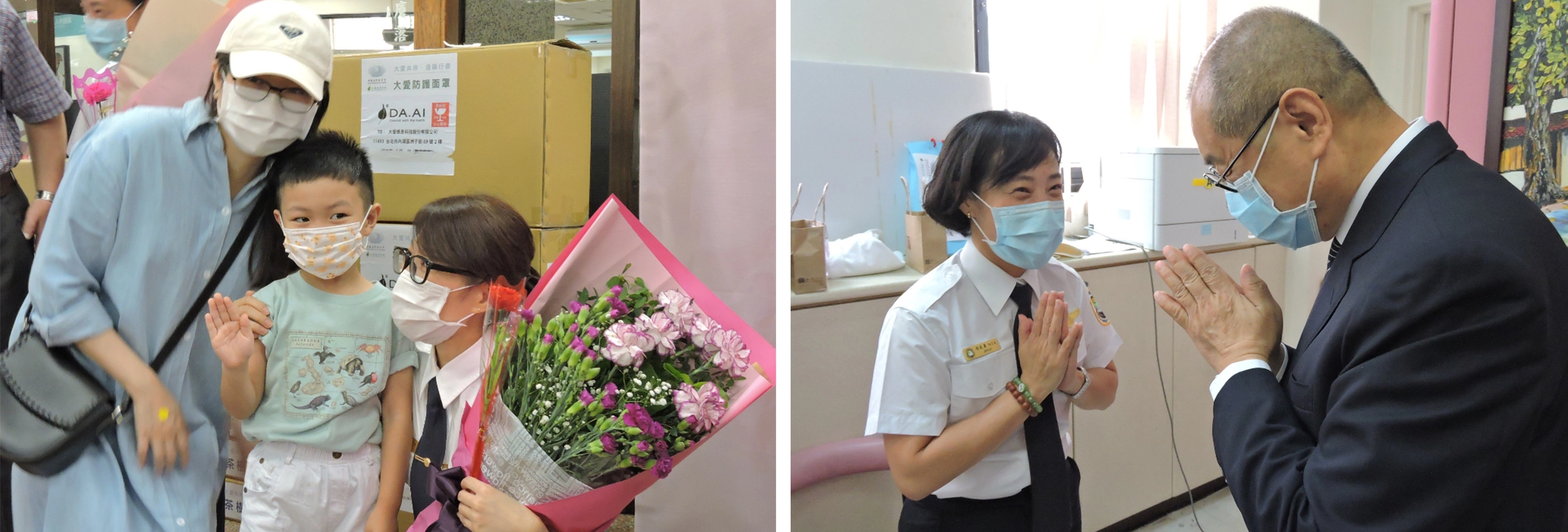 (圖左)感念移民署同仁在疫情期間擔任第一線防疫工作辛苦,尤其感謝身兼數職的移民官媽媽們。(圖右)慈濟不只是物質上的支援,更希望透過捐贈活動,與第一線人員接觸,提供心靈層次上的交流。