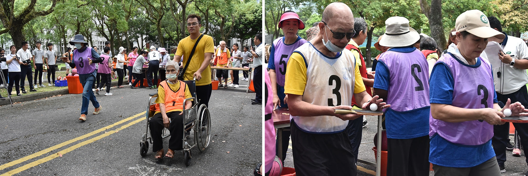 左圖:即使坐著輪椅也堅持完賽!右圖:挑戰平衡感的趣味競賽。