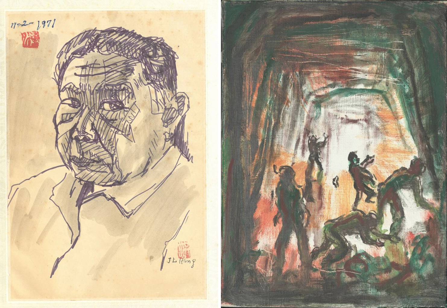 左圖:洪瑞麟〈自畫像〉1971簽字筆、紙25×20。右圖:洪瑞麟〈火魂〉1995油彩、畫布33×23。