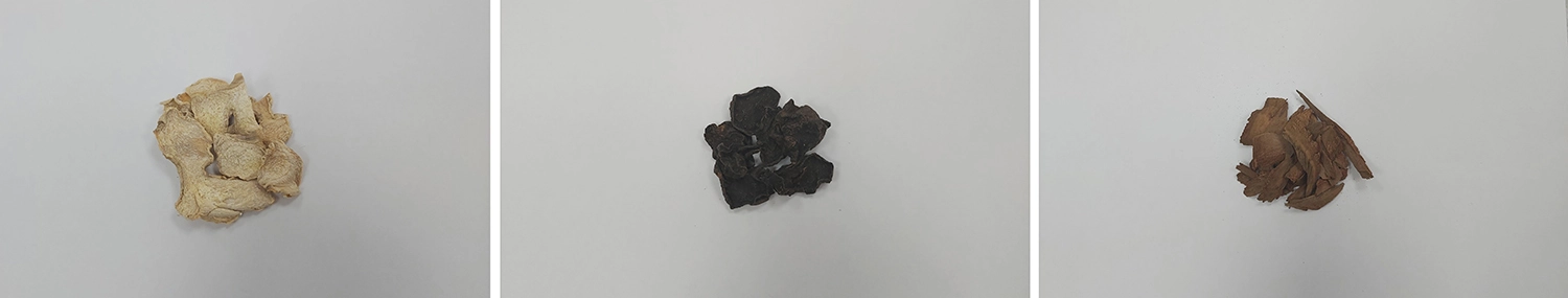 (左至右)中醫常用乾薑補脾、附子及肉桂補腎,達溫中散寒之效。