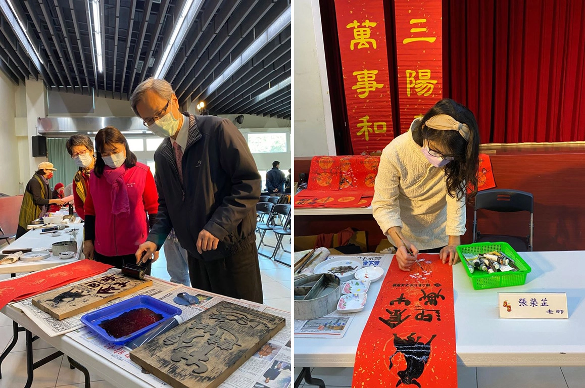 左圖:現場提供版畫體驗。右圖:張滎芝老師年畫。