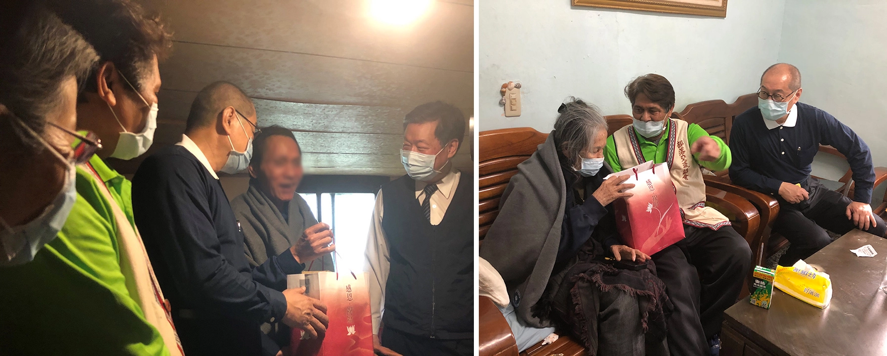 (左圖)住在鐵皮屋獨居的朱先生不良於行,慈濟2020年開始為他送三餐,今天也送禦寒物、營養品到家。