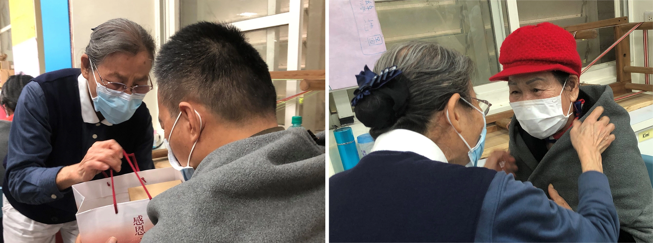 1月28日慈濟志工前往秀林鄉景美多功能集會所,為長者披上披肩,送上營養品。