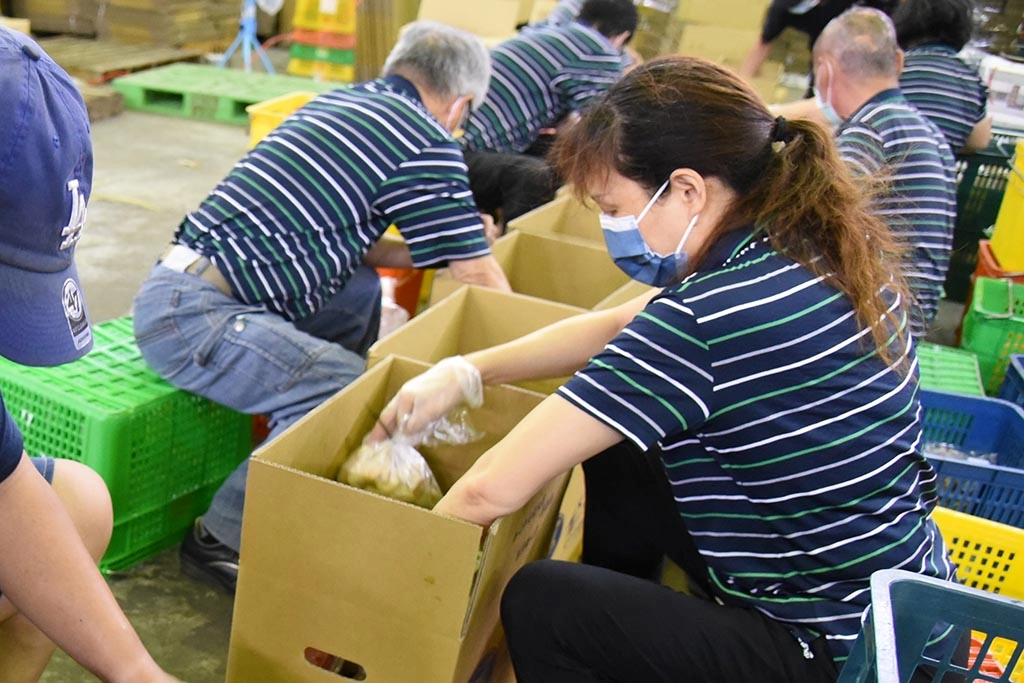 7月12日清晨,豐原區農會各相關人員忙著將新鮮送達的蔬果打包裝箱。