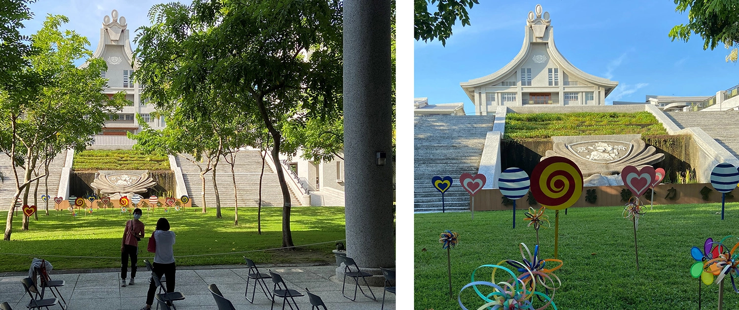 接種疫苗民眾利用空檔在美麗的臺南慈中校園留影。攝影:林昱汝/總務處同仁及木工志工結合巧思及環保材質美化校園,藉由校園環境無聲說法。攝影:林昱汝